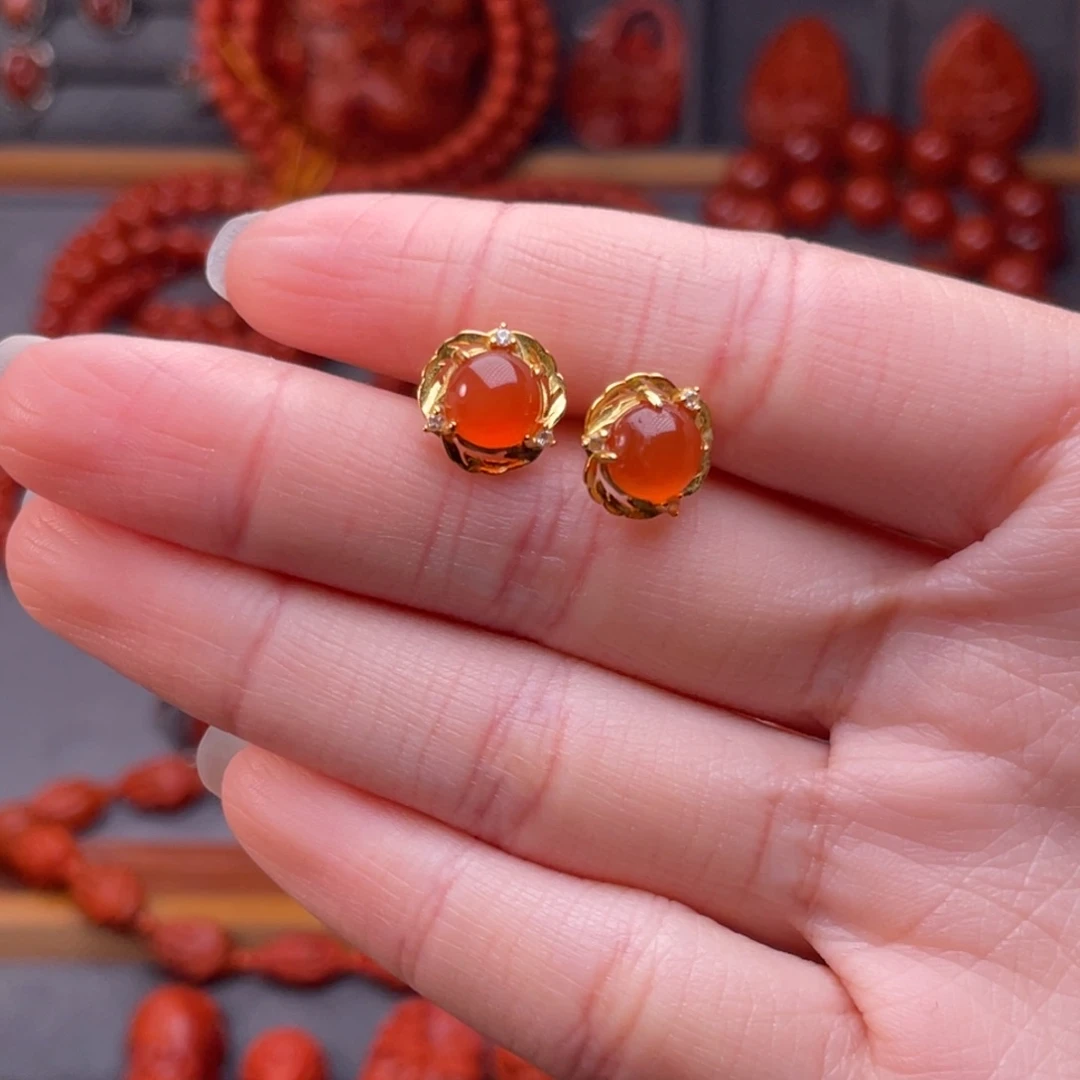 南红玛瑙银S925镀金镶嵌配饰