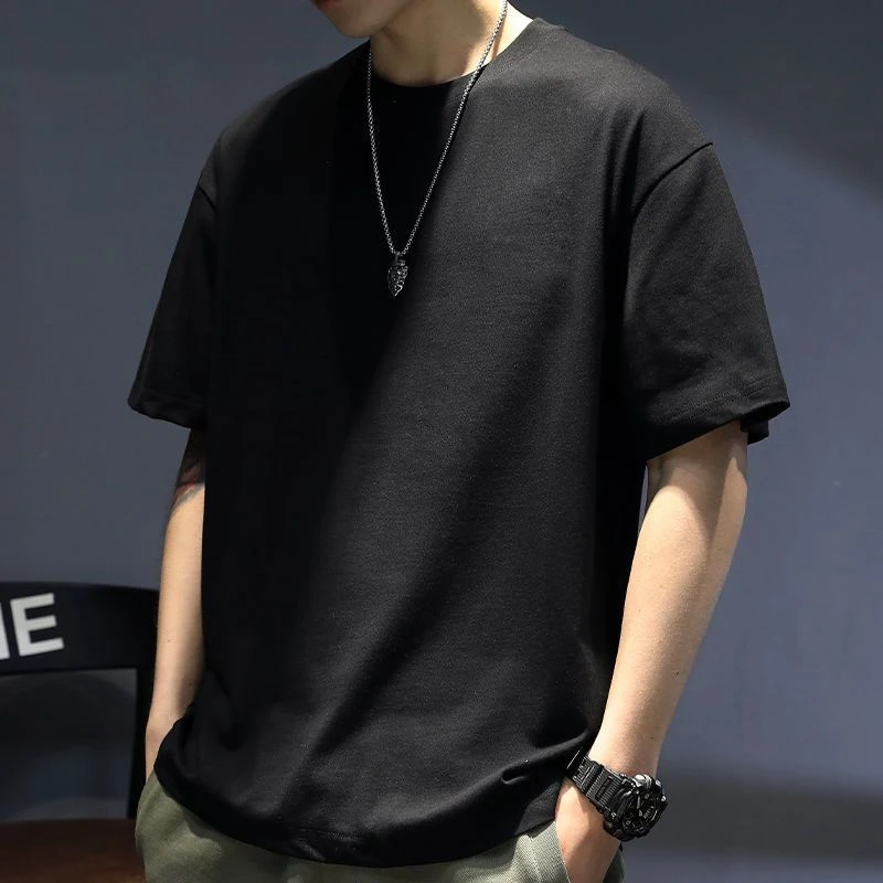 2025新款纯色短袖T恤男宽松潮流百搭简约五分袖套头圆领打底衫ins