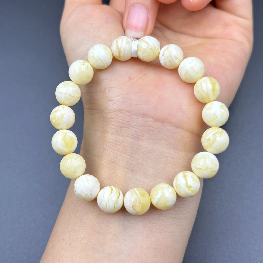 天然琥珀蜜蜡白花蜡圆珠单圈手串9mm+