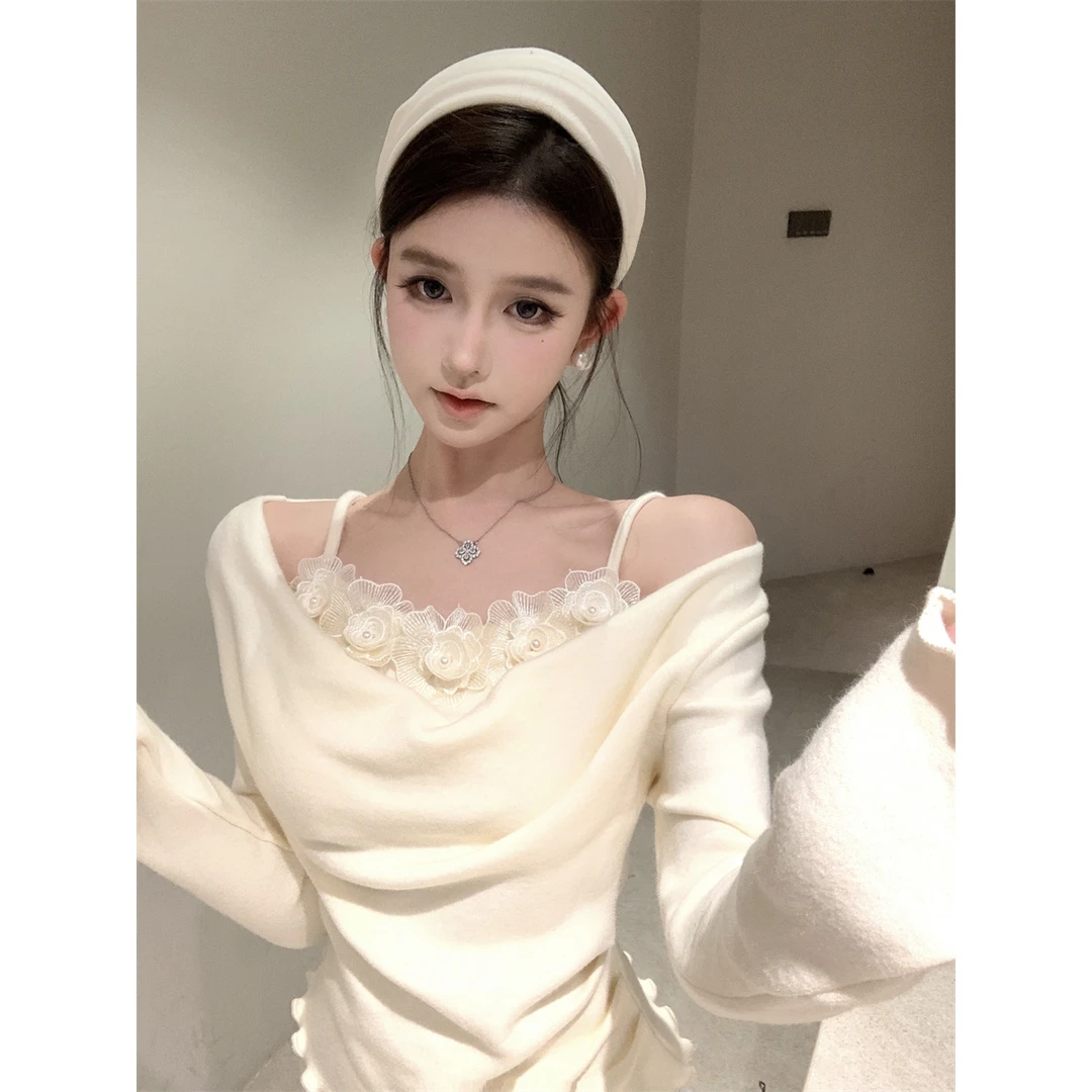 法式赫本风褶皱荡领长袖t恤女秋季设计感小众花朵别致绝美打底衫