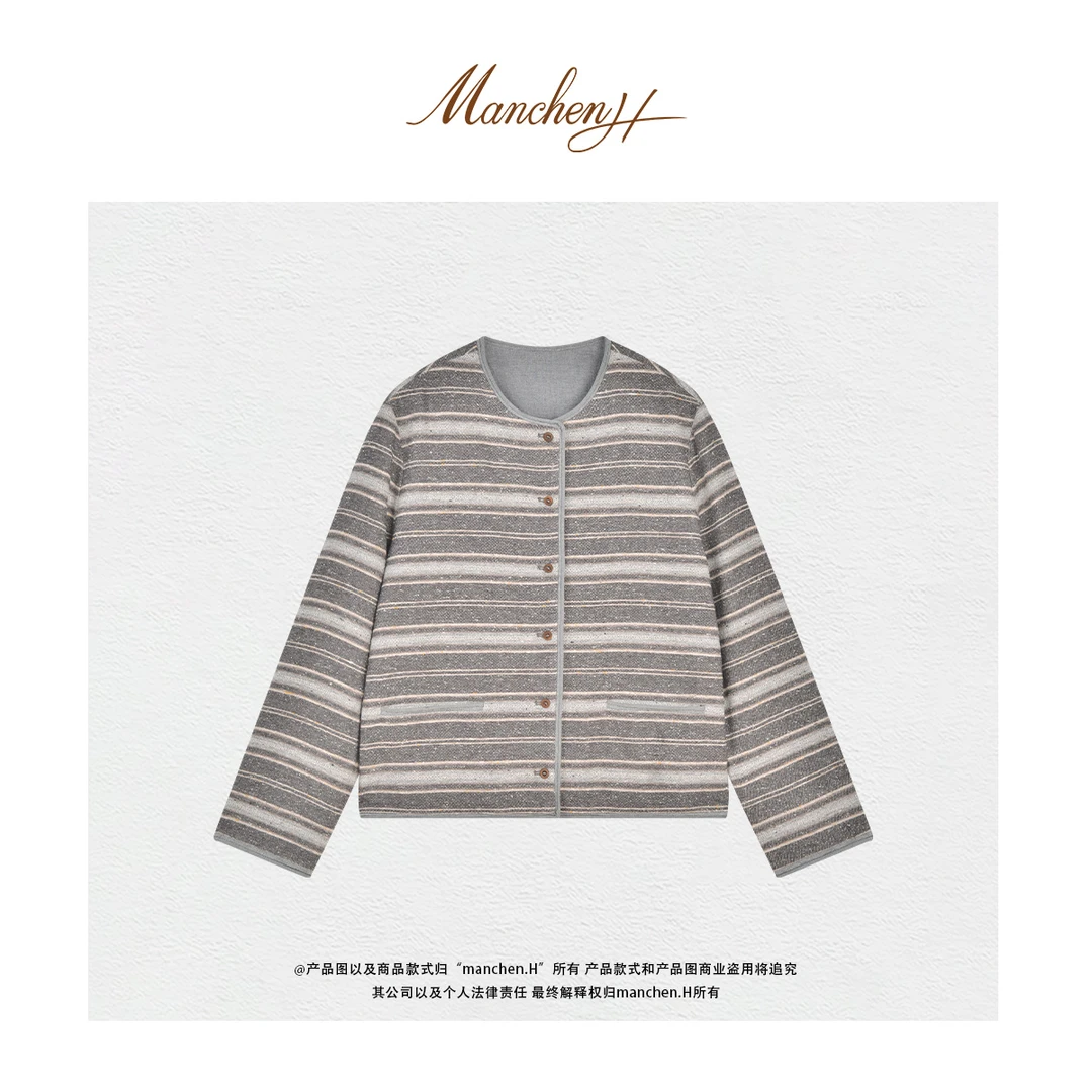 曼辰manchenh"灰洋条纹 "进口雪花条纹面料直排扣时尚外套