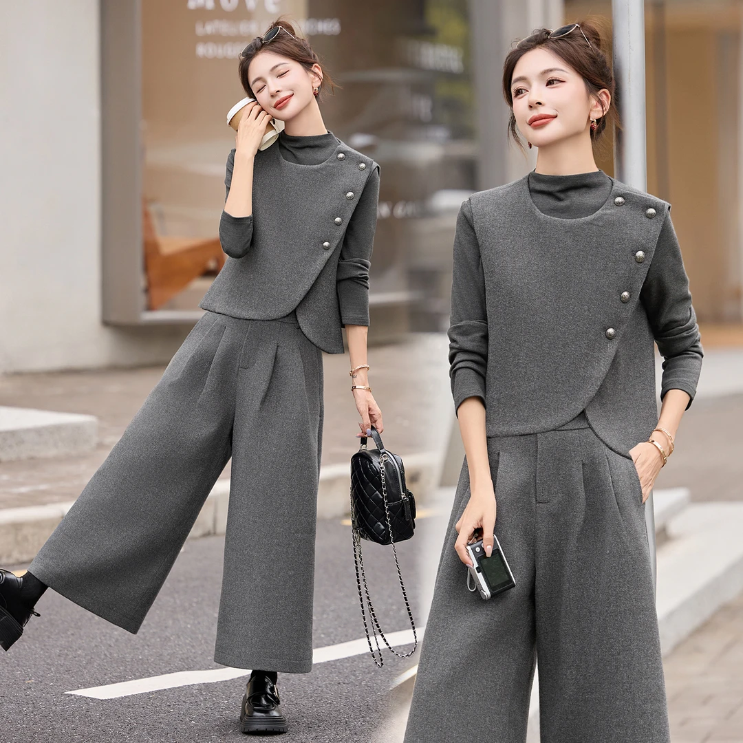 韩系气质马甲毛呢套装女2025秋冬新款设计感洋气减龄阔腿裤三件套