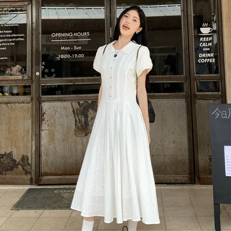 夏季新款学院风气质泡泡袖连衣裙女学生中长款百搭过膝POLO领裙子