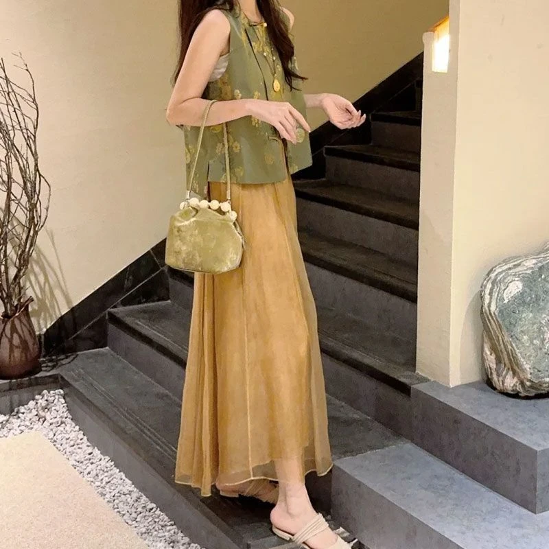 女装清冷中式马甲国风感佛系禅意旗袍连衣裙夏季套装新款发完