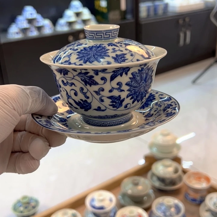 瓷片白青花缠枝莲元宝盖碗全品