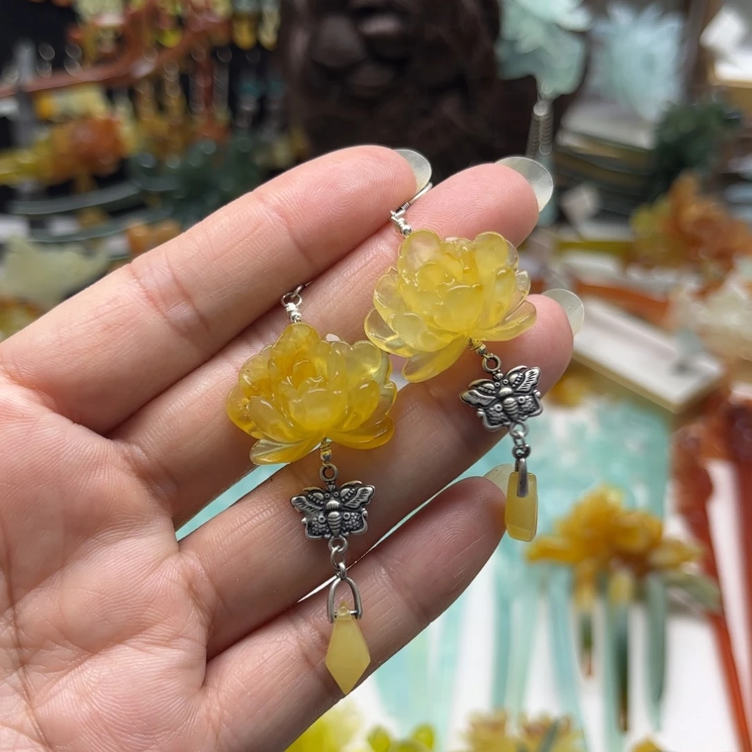 蛇纹石玉耳环合金糖*