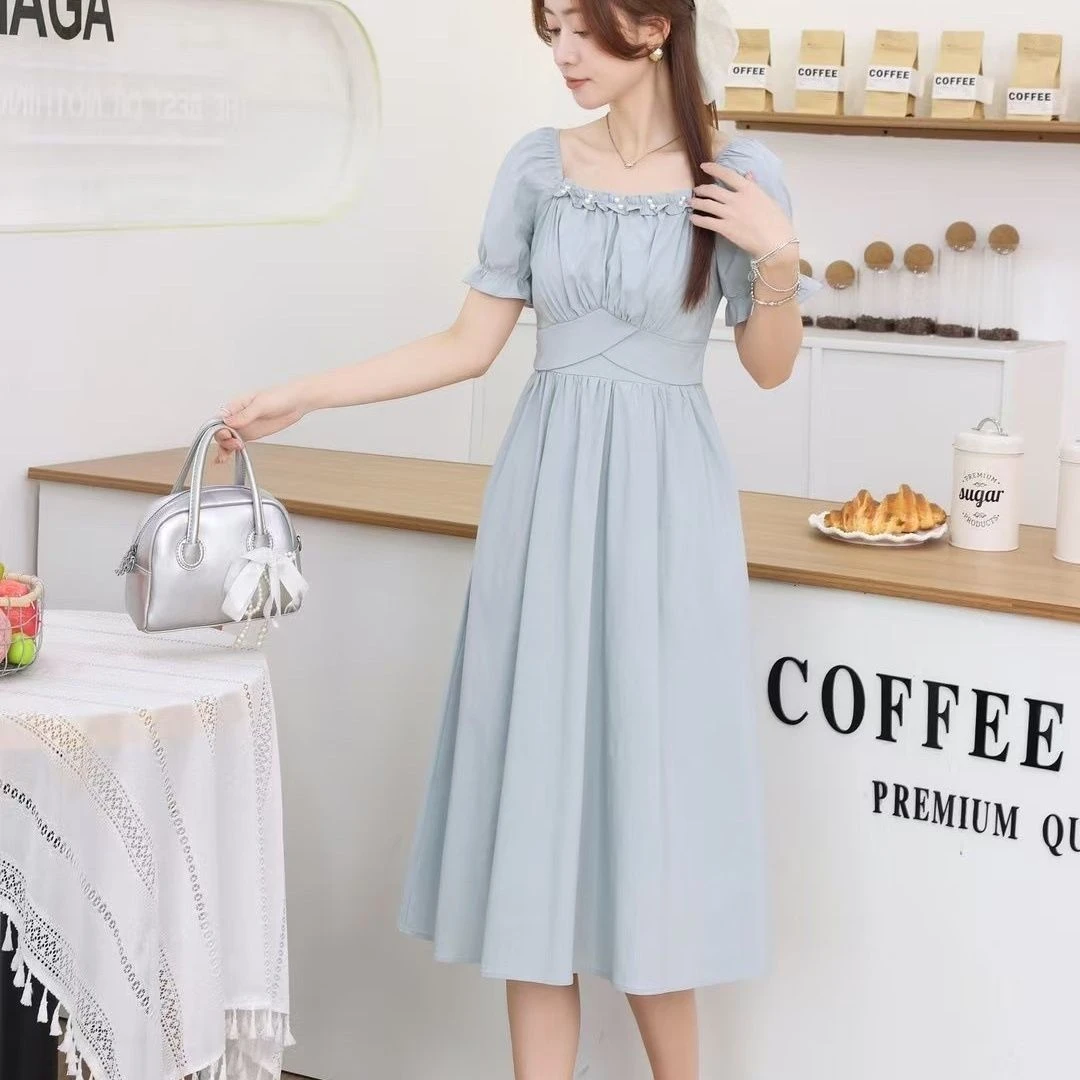 短袖连衣裙女2025新款法式气质方领收腰显瘦有口袋A字裙连衣裙