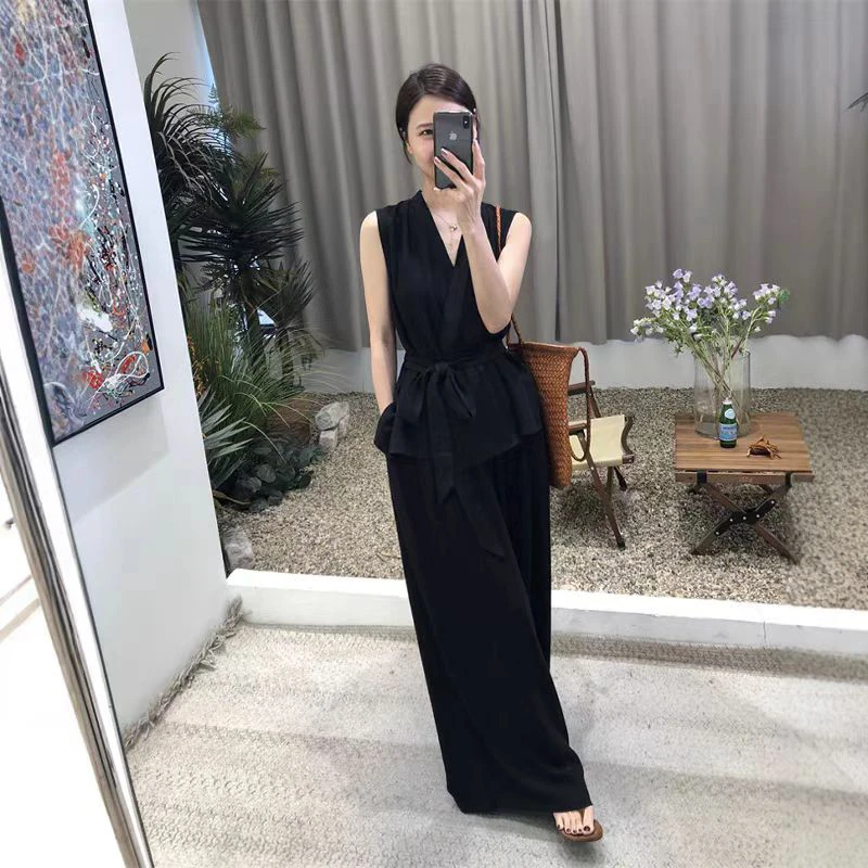 设计感无袖收腰绑带上衣+高腰阔腿直筒休闲裤套装