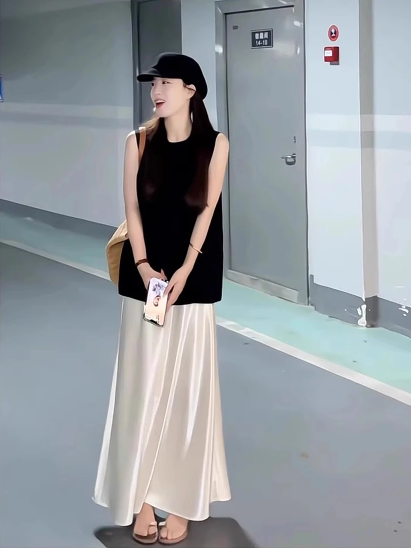 2025夏季新款时尚百搭圆领露背无袖衬衫背心女+高腰半身裙两件套