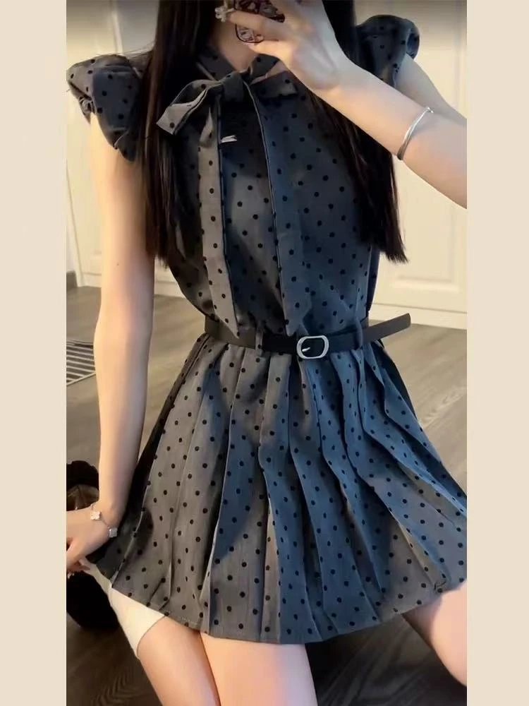 【miu系穿搭】小个子灰色波点连衣裙子女夏季收腰a字百褶短裙