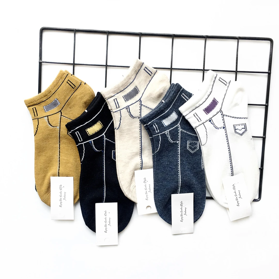 5双 韩国个性袜子女潮人创意百搭复古蓝色牛仔裤图案船袜棉网红袜