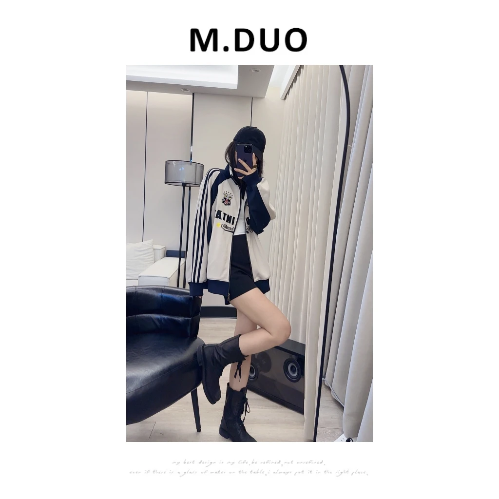M.DUO （深圳货）美式复古字母三条杠撞色棒球服开衫上衣外套3226