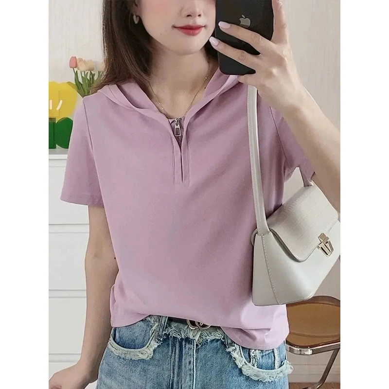 Moses Queen/魔西女王半拉链连帽短袖T恤气质休闲百搭大码mm上衣