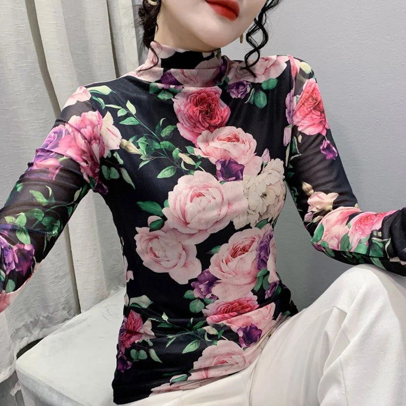 高领网纱加绒打底衫女秋冬新款时尚花色印花妈妈修身长袖t恤上衣