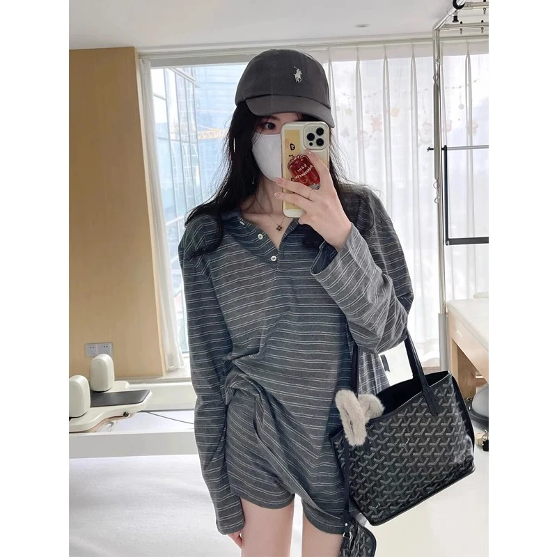 韩版条纹衬衫套装女夏季2025年新款设计感小众休闲卫衣短裤两件套