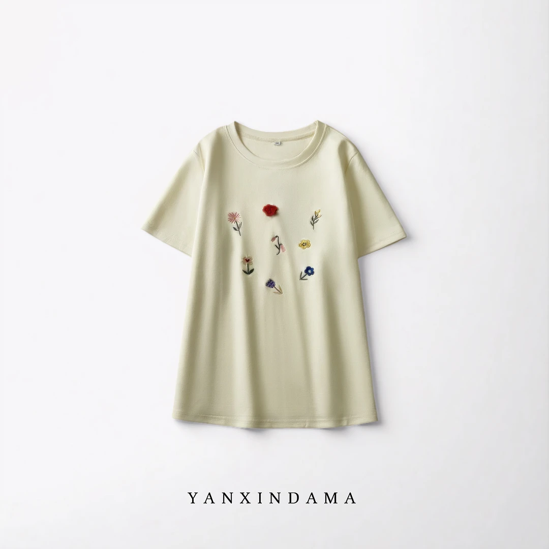 大码女装220斤胖MM百搭甜美鲜花刺绣时尚小清新圆领T恤132041
