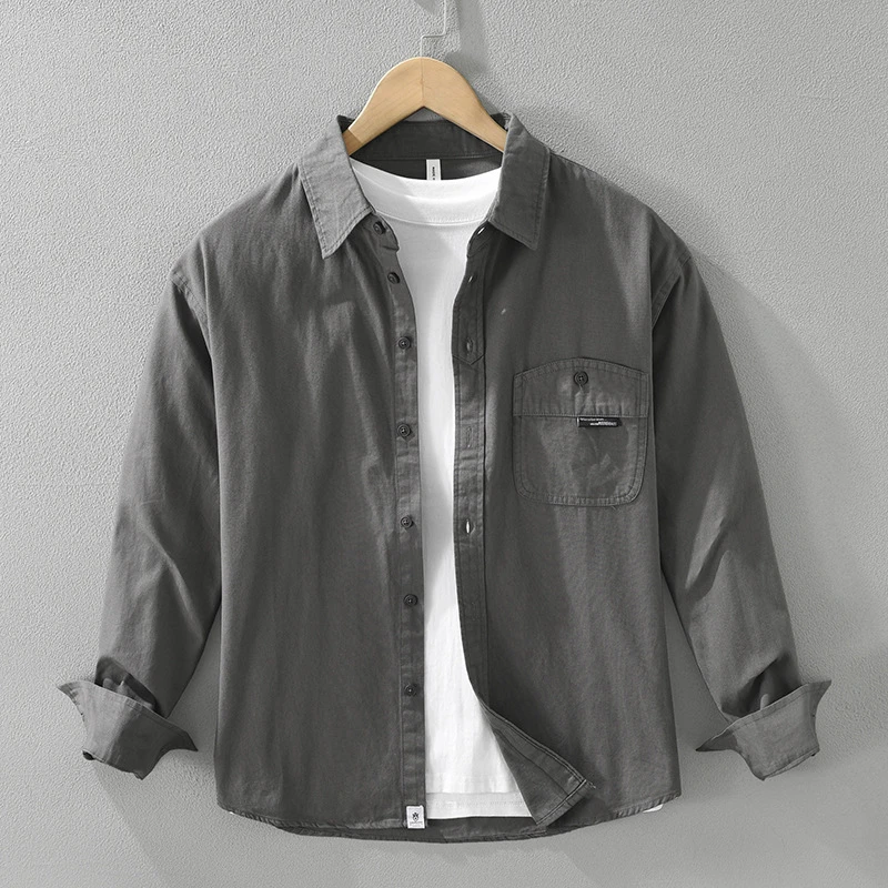 7290春秋日系清新纯色长袖衬衫宽松翻领纯棉时尚文艺休闲衬衣