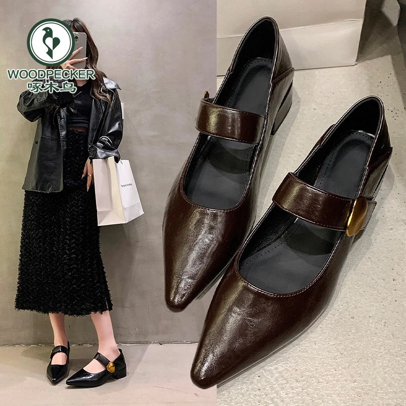 啄木鸟玛丽珍低跟鞋子女2025春季新款配裙子棕色尖头法式温柔单鞋
