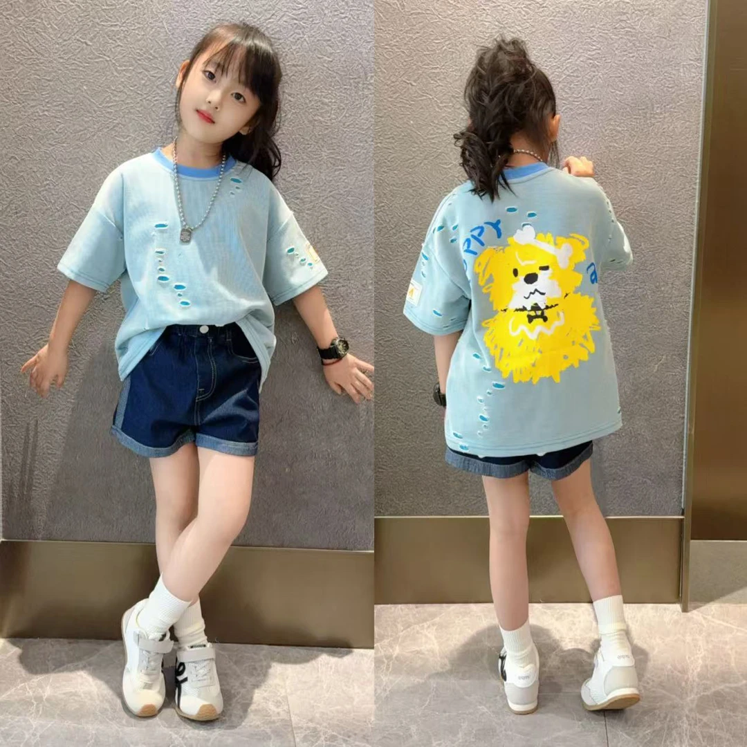 女童夏装短袖t恤破洞卡通儿童宽松半袖上衣中大童女孩体恤夏装潮