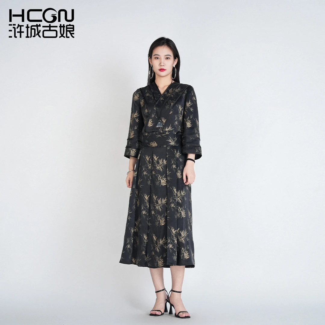 中国风桑蚕丝显瘦气质高级感竹子印花幽篁香云纱连衣裙HASS060008