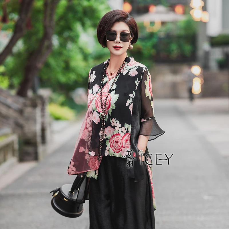 艾翕甄选【花好月圆】多颜色女士知性气质斜襟印花T恤ZX2501286-1