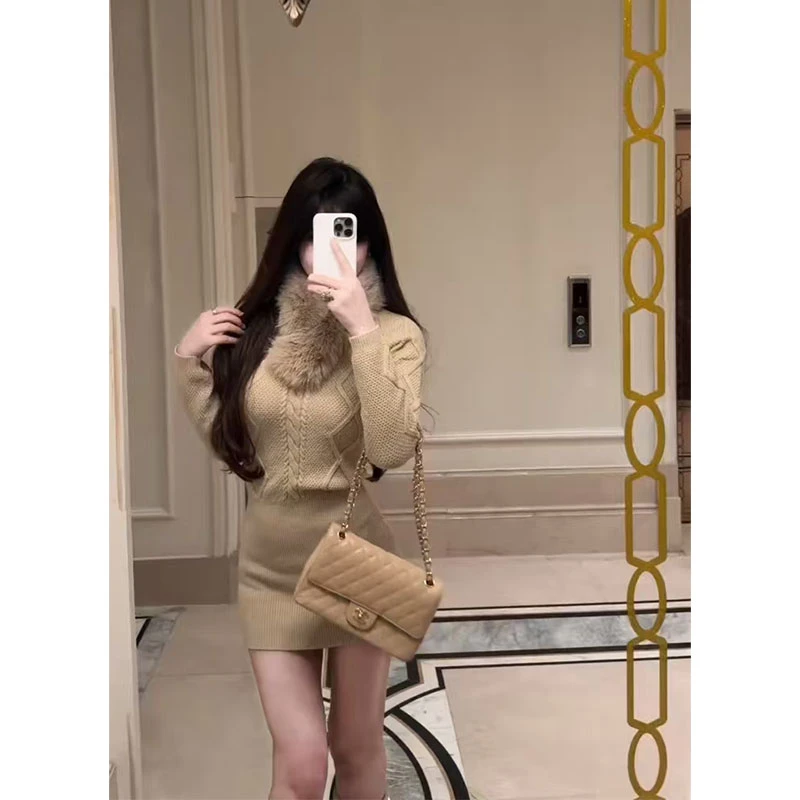 小众慵懒风设计感长袖毛衣连衣裙打底内搭辣妹麻花针织包臀短裙子