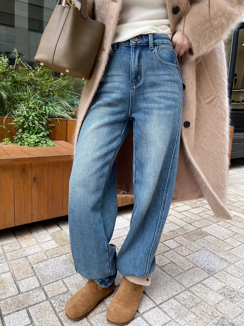 加绒厚实宽松直筒牛仔裤 阔腿长裤 冬季