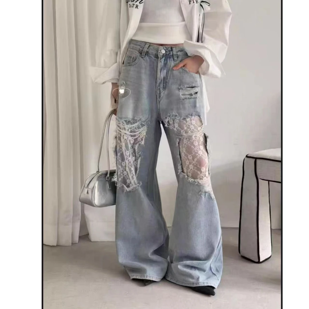 曼曼【慵懒步调】设计款蕾丝拼接破洞牛仔阔腿裤女