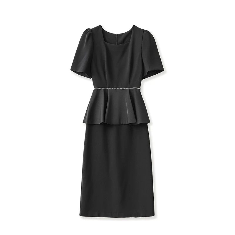 高品质显瘦法式通勤职业春款缎面气质黑色收腰连衣裙凸显优雅魅力