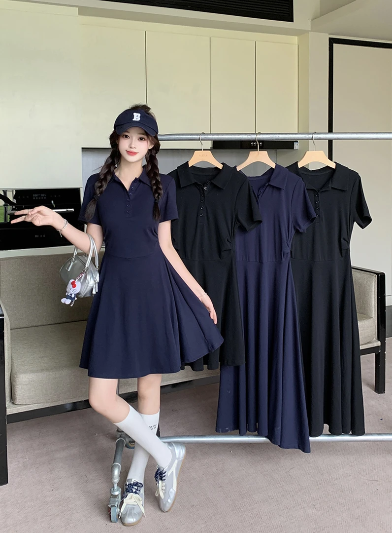 2025胖mm大码女气质显瘦polo领短袖连衣裙22408短款+22559长款
