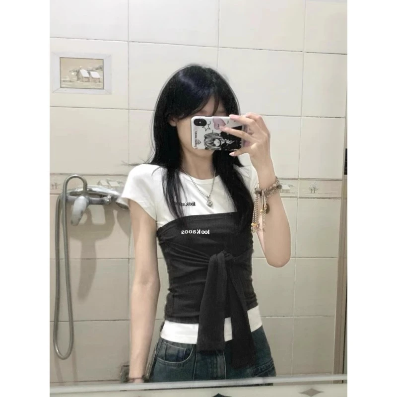 美式甜辣妹撞色抹胸短袖T恤女夏季修身独特假两件设计感小众上衣