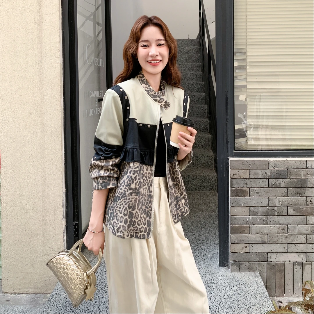 甜酷飒爽高级感百搭上衣女2025秋季新款舒适显瘦豹纹拼接时尚外套