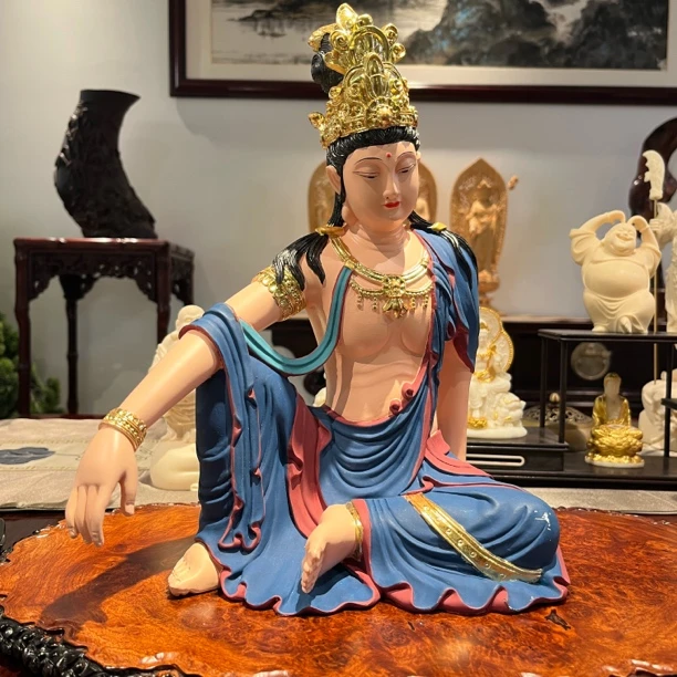 蓝彩自在观音水月观音佛像雕像摆件家居禅意装饰乔迁送礼30cm