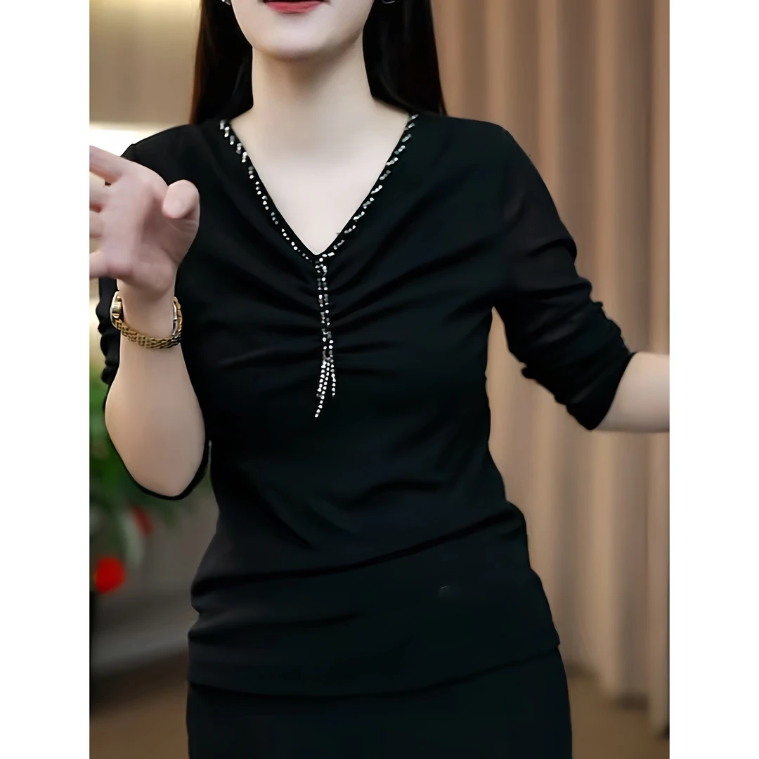 早秋新款长袖时尚百搭气质显瘦网红设计感小衫洋气黑色V领上衣女