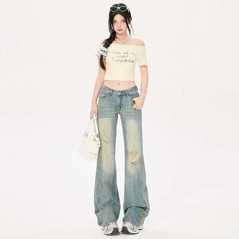 美式复古低腰破洞微喇牛仔裤女2025夏季薄款水洗修身显瘦马蹄长裤