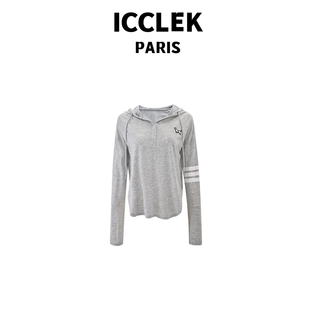 ICCLEK 早春秋夏季灰色连帽小狗长袖T恤百搭蓝色时尚通勤  - 5264