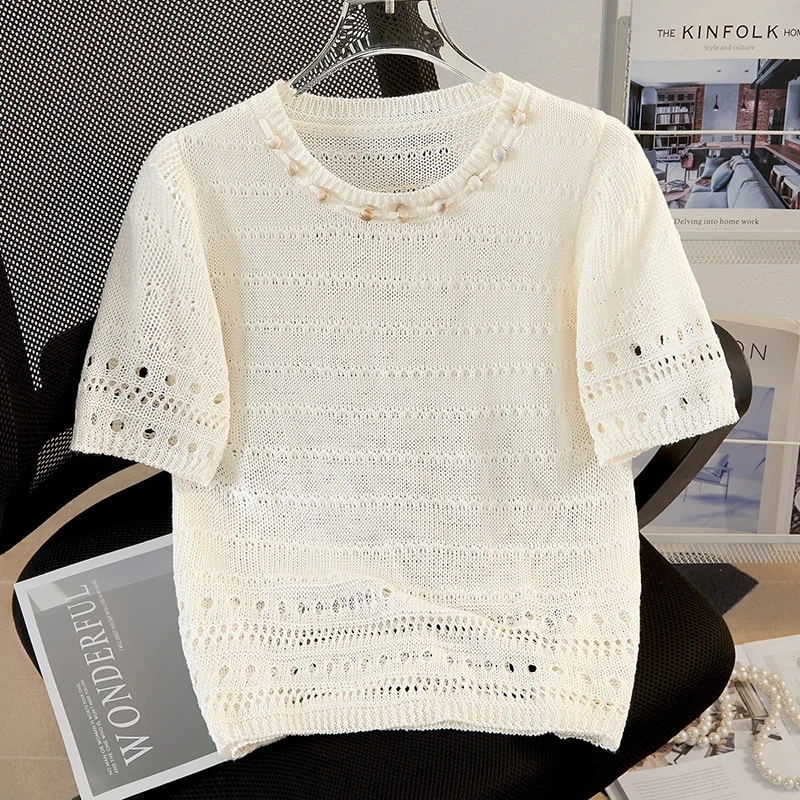 她池2025夏季新款女装淑女风圆领短袖正肩镂空针织衫T52X2479Z