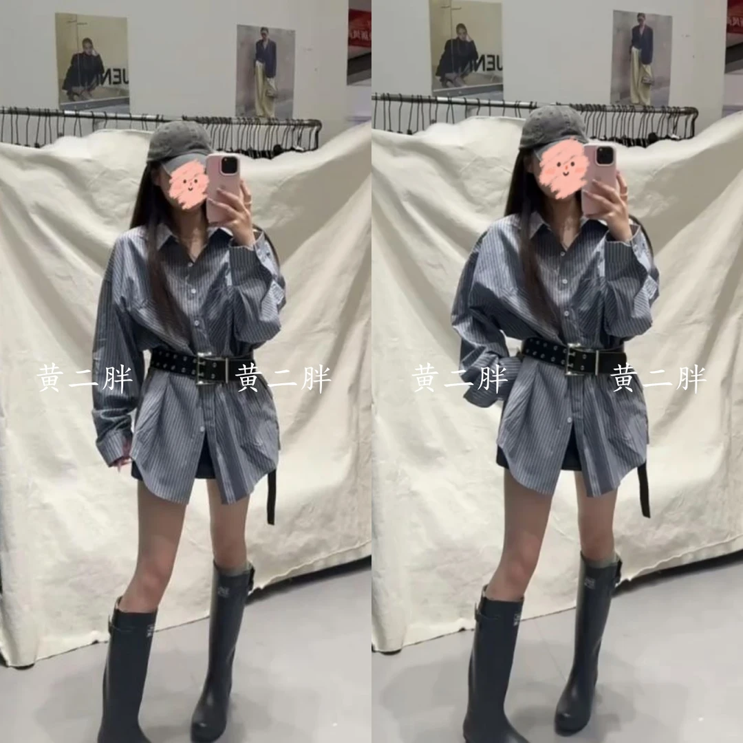 韩版气质蓝条纹长袖衬衫女早秋季新款时尚通勤百搭显瘦中长款上衣