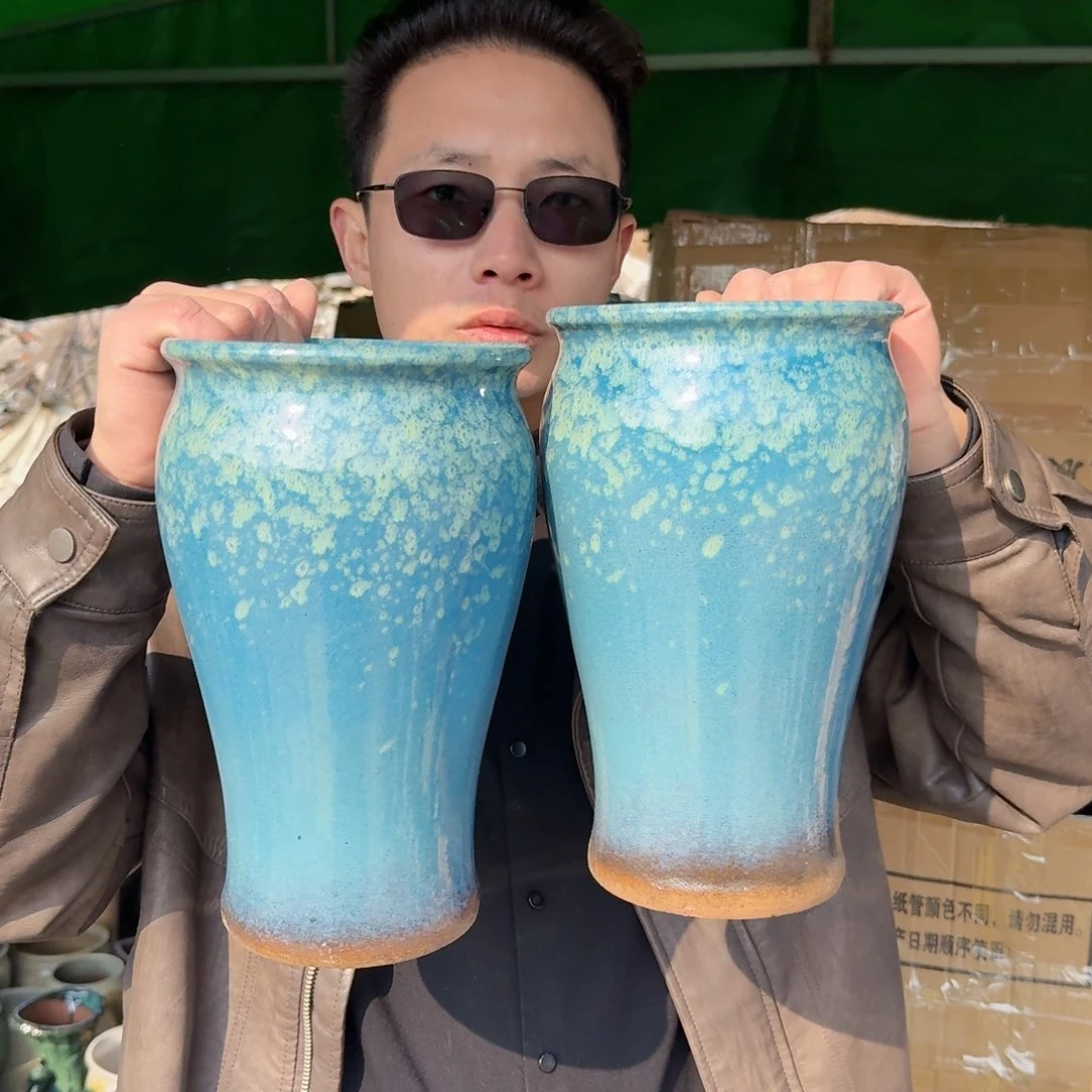 紫砂花盆口15高25（两个雪花蓝