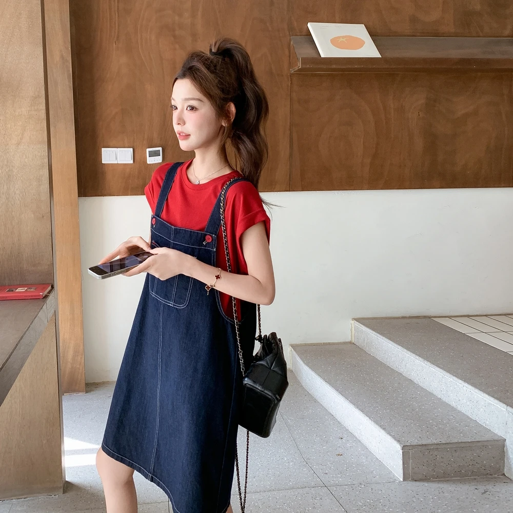 牛仔背带裙套装女2025年夏季新款学院风休闲时尚t恤短裙子两件套