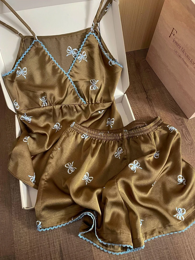 【DMXJ大梦想家】轻奢风冰丝蝴蝶结睡衣女夏2025新款短裤套装居家服