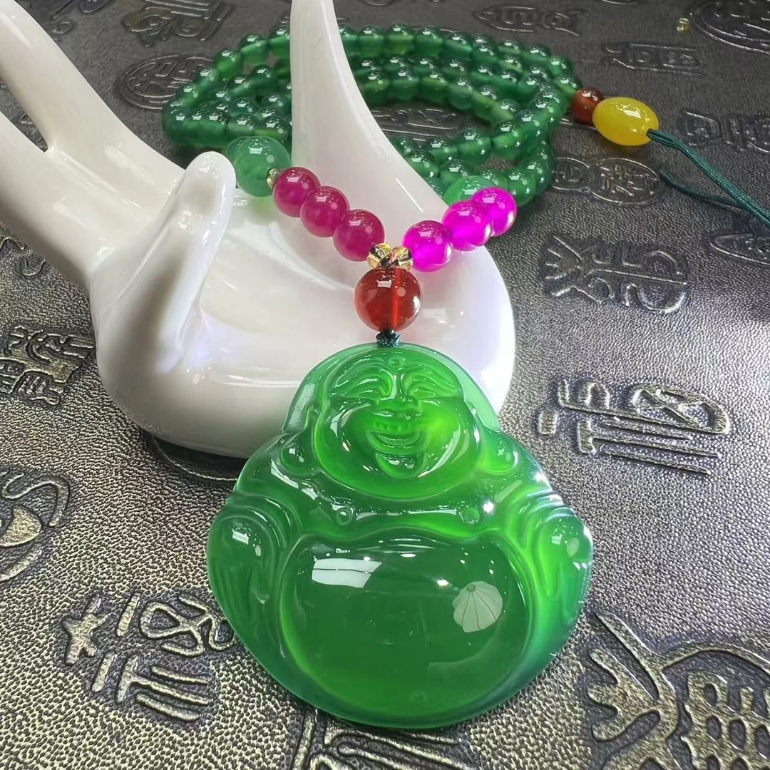 S1988高40左右-金宝绿玛瑙绿佛公吊坠-配珠链