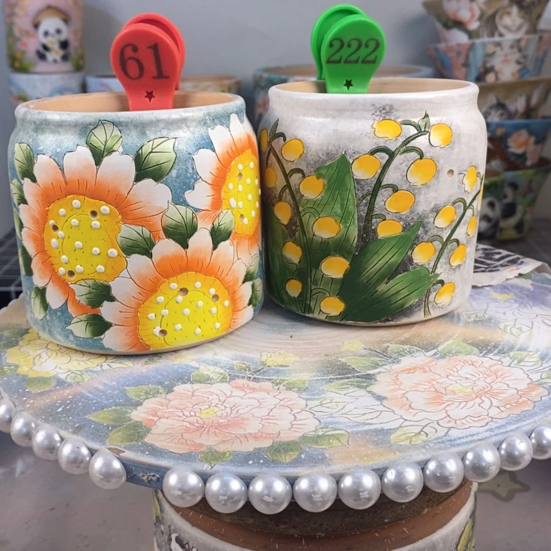 紫砂花盆红陶手绘花盆