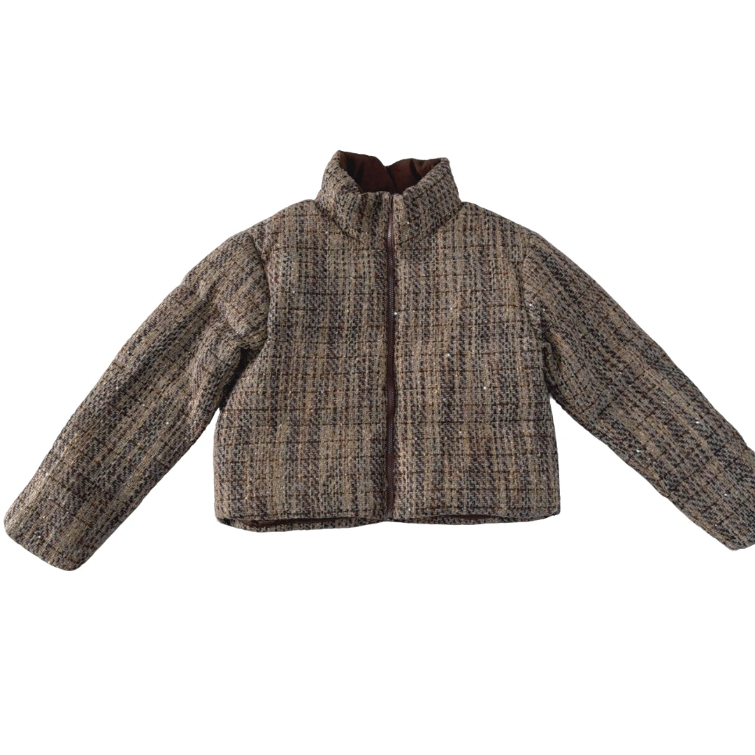 2025冬季高级贵气立领灯芯绒粗花呢编织亮片白绒女小香风外套潮