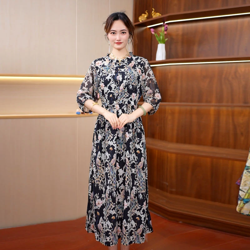 A-009新款夏季洋气裙子收腰妈妈时尚气质连衣裙碎花七分显瘦
