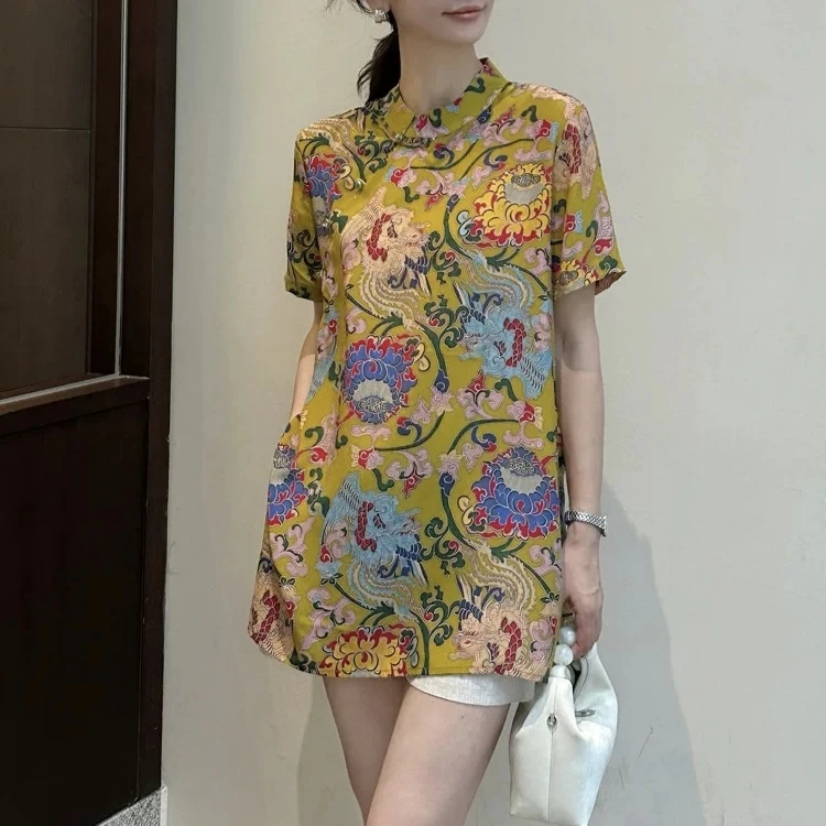 气质新中式桑波缎凤舞九天短袖显瘦中长上衣衬衫