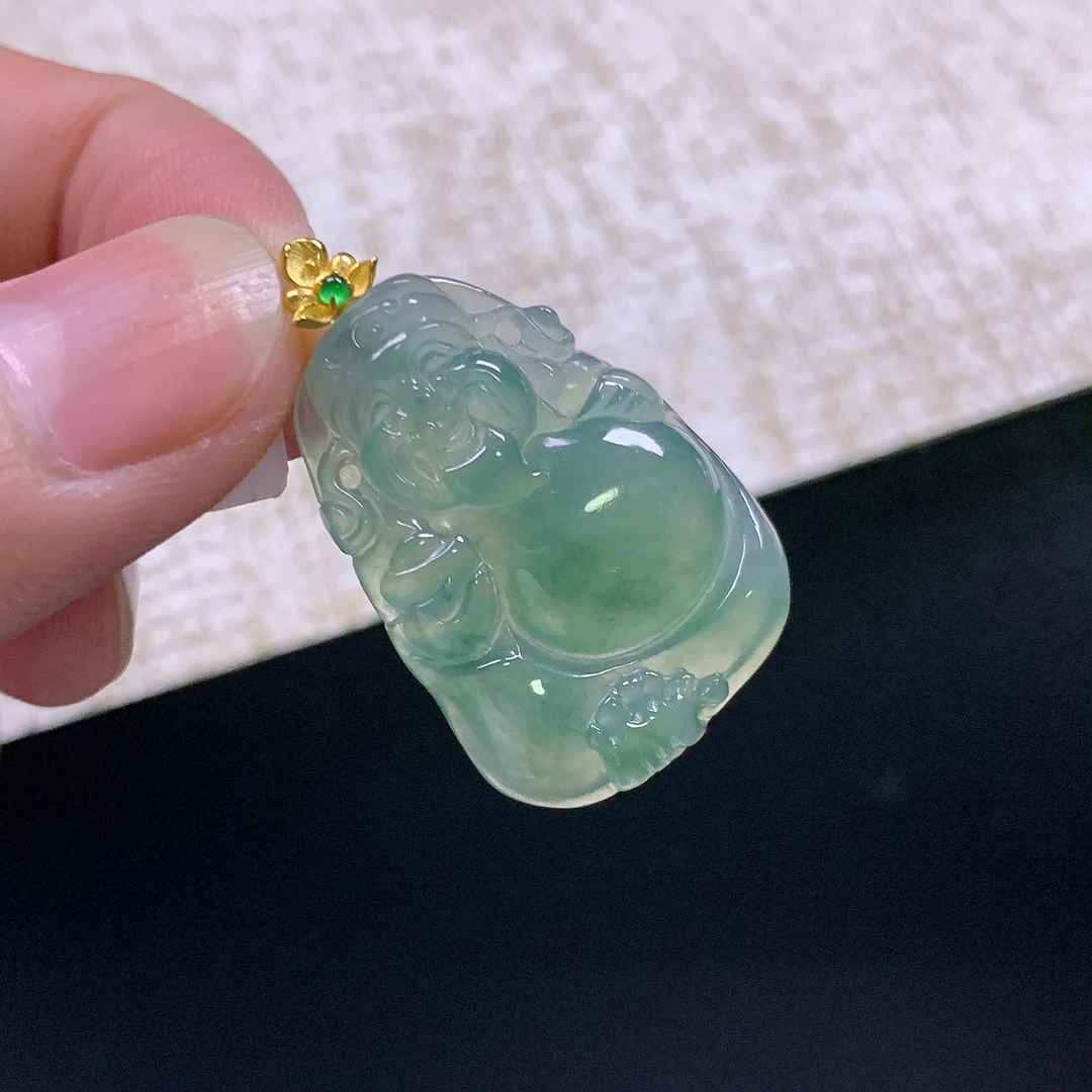 缅甸天然A货翡翠18k金镶嵌冰润起胶满绿财神爷吊坠32.5x20.4x4.4