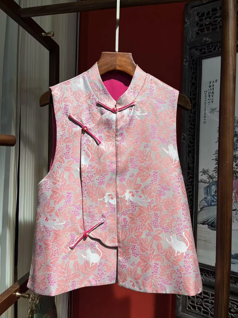 [王千千]猫的日记新中式马甲女春秋2024年新款提花织锦中国风