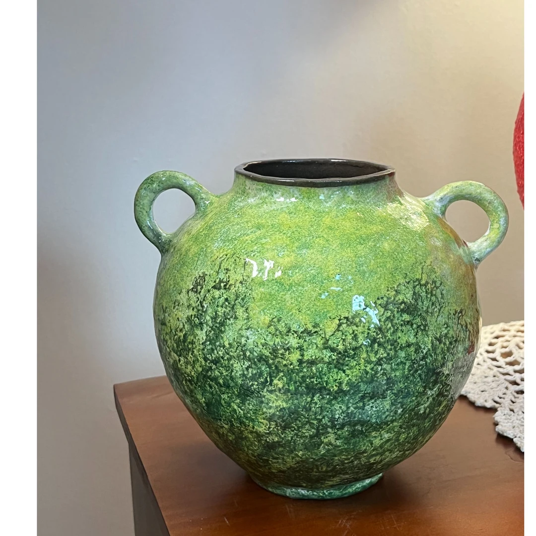 景德镇手作艺术感花瓶（青绿双耳口9cm 高20cm）