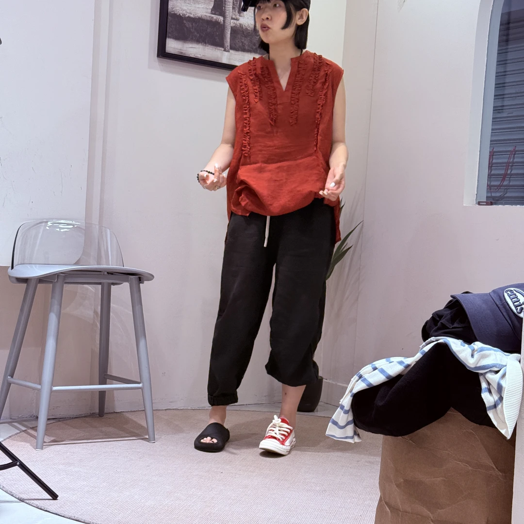 遇见·欧美夏季薄款女多巴胺色系穿搭麻衫坎肩